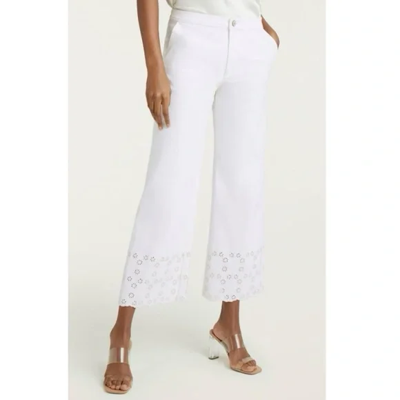 ❌Sold on eBay❌Cinq a Sept Floral Eyelet Amelia Wide Leg Denim Pant in White - Picture 4 of 7